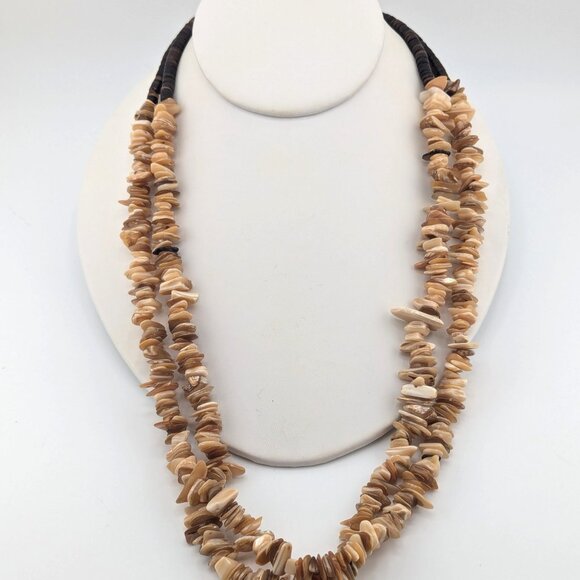 Navajo Two Strand Shell Chip Beaded Pullover Necklace w/ Pen Shell Heishi ** - Picture 11 of 12